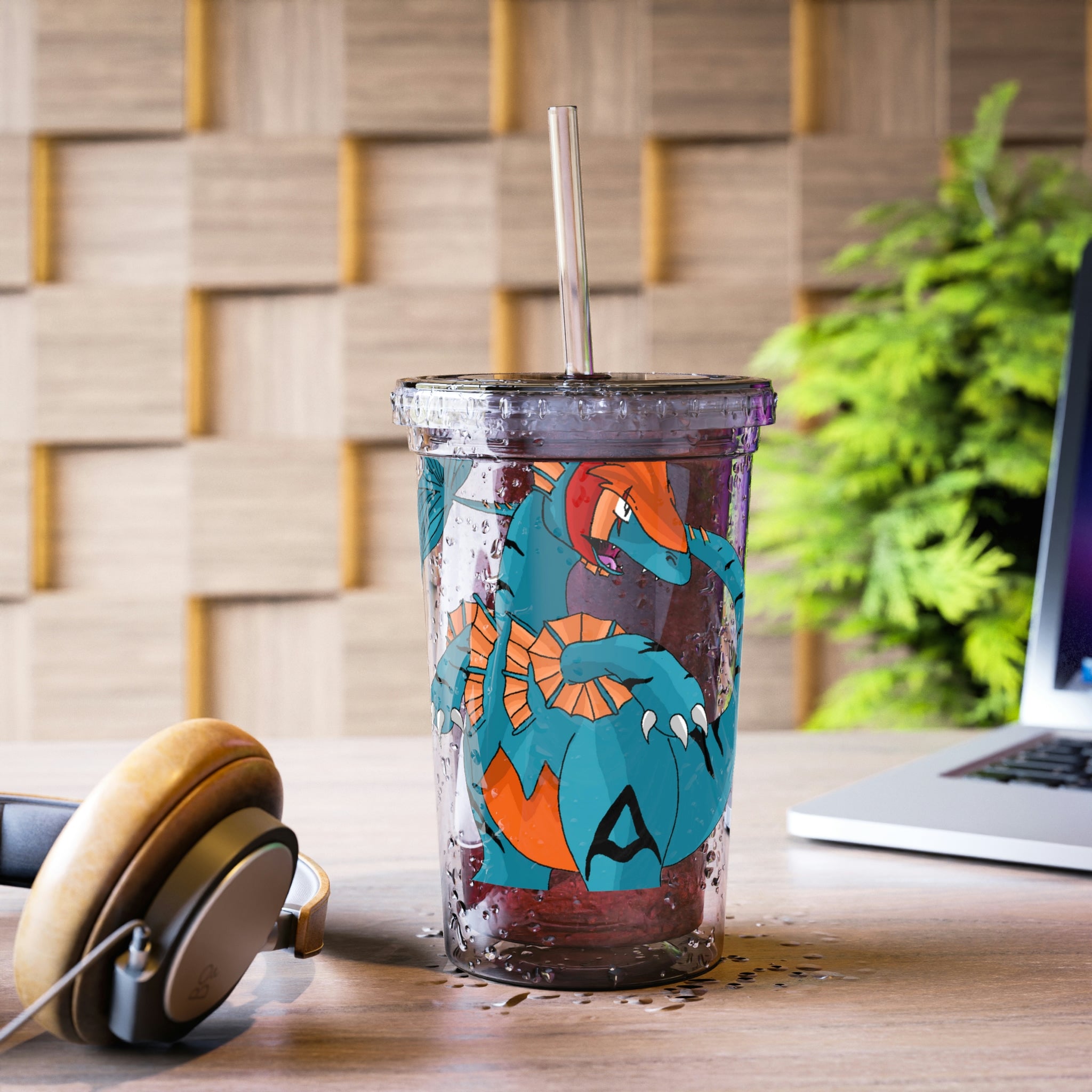 Shirei Suave Acrylic Cup in stainless steel with a black screw-on cap and plastic straw, showcasing a customizable design.