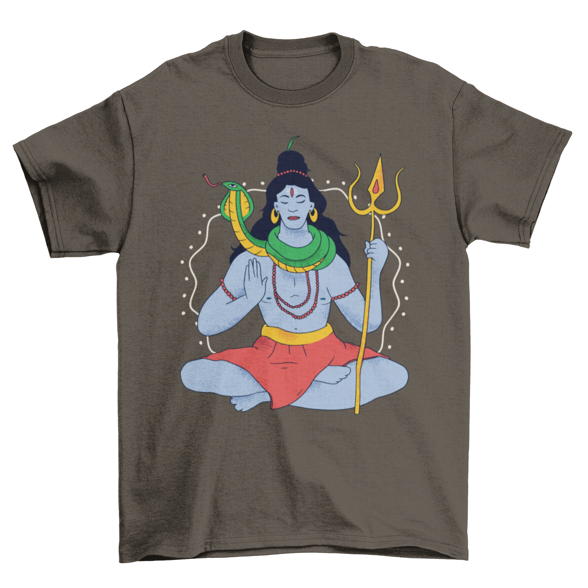 A stylish T-shirt featuring a detailed illustration of Lord Shiva, showcasing vibrant colors and intricate design.