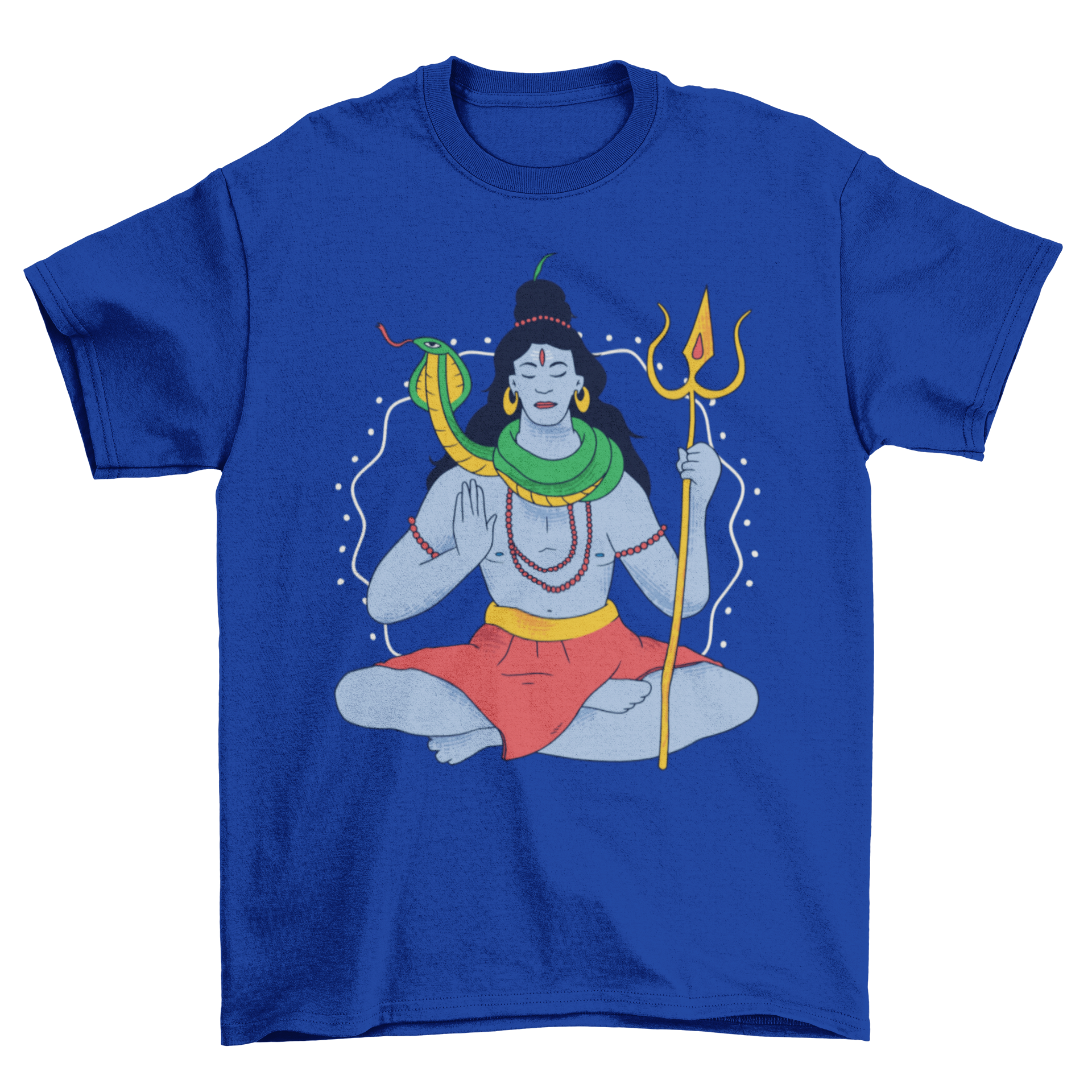 A stylish T-shirt featuring a detailed illustration of Lord Shiva, showcasing vibrant colors and intricate design.