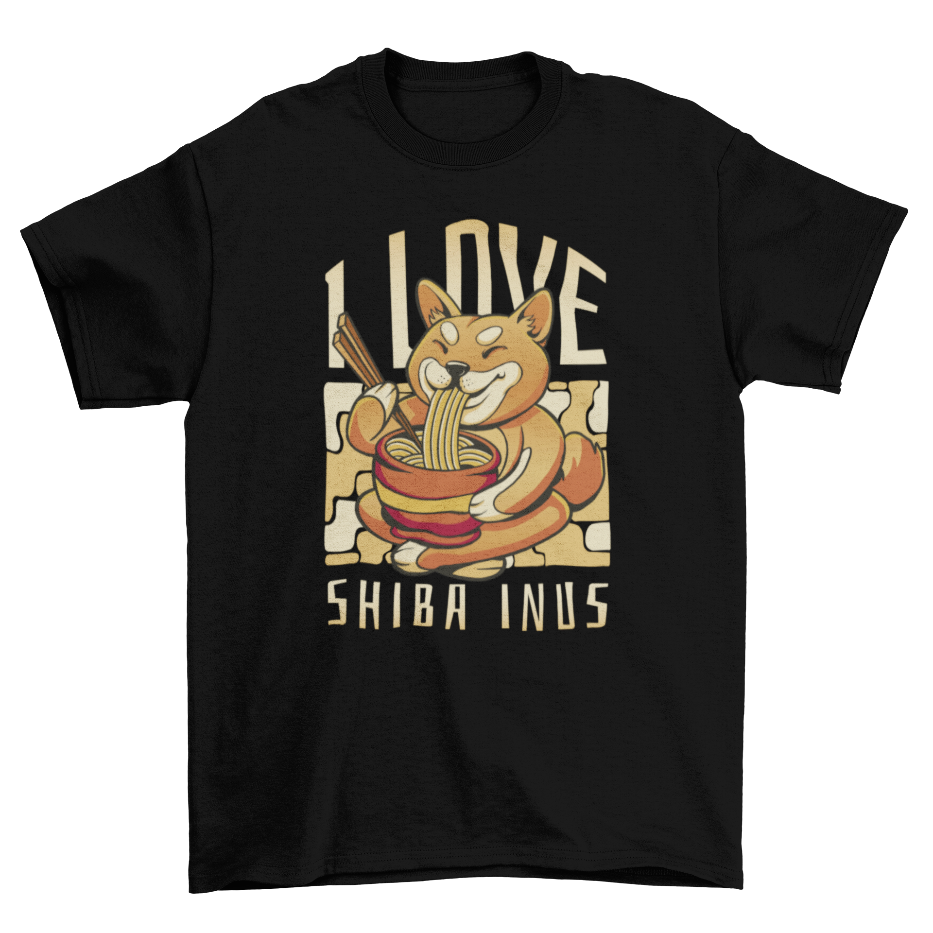 A playful Shiba Inu enjoying a bowl of ramen on a t-shirt, with the quote 'I love Shiba inus'.