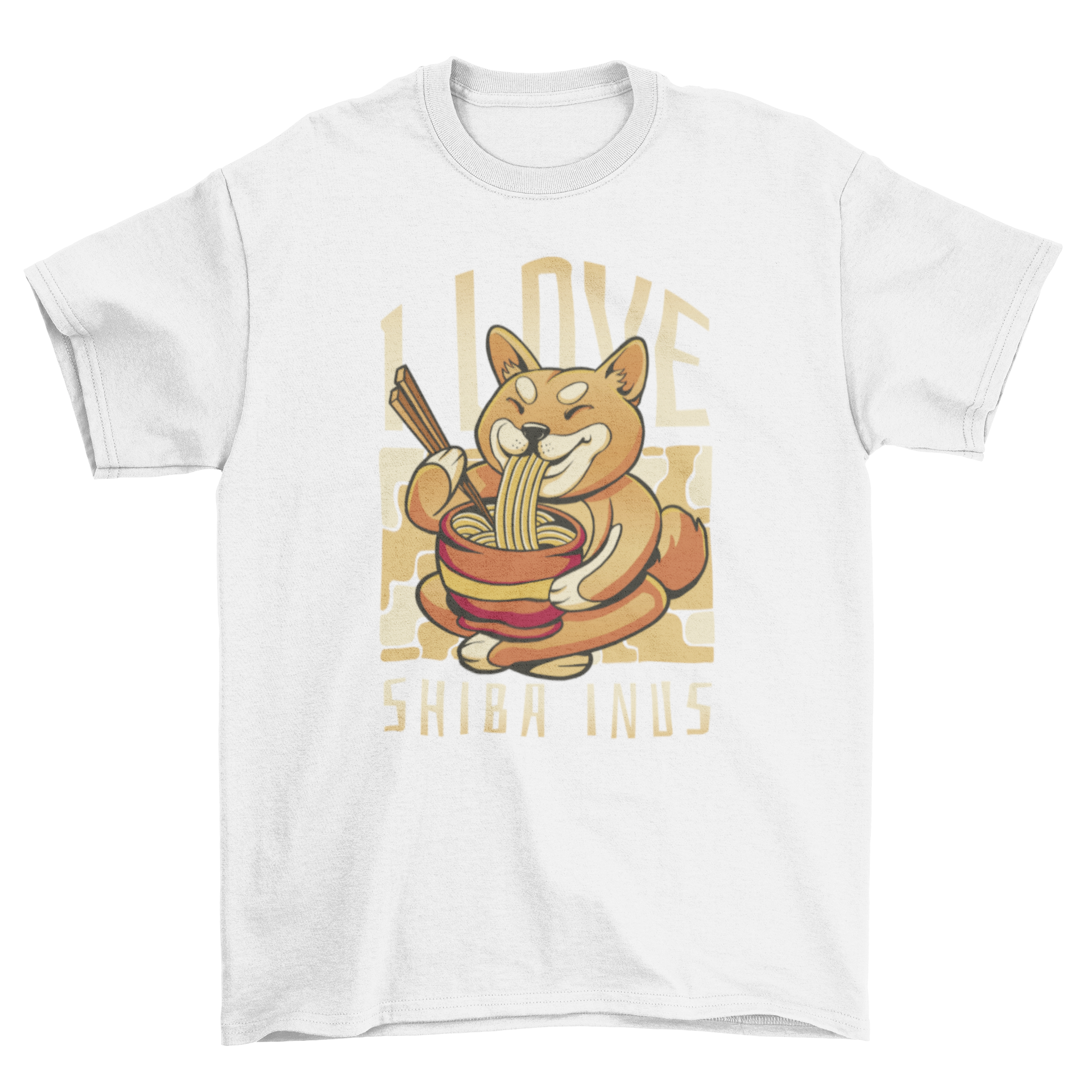 A playful Shiba Inu enjoying a bowl of ramen on a t-shirt, with the quote 'I love Shiba inus'.