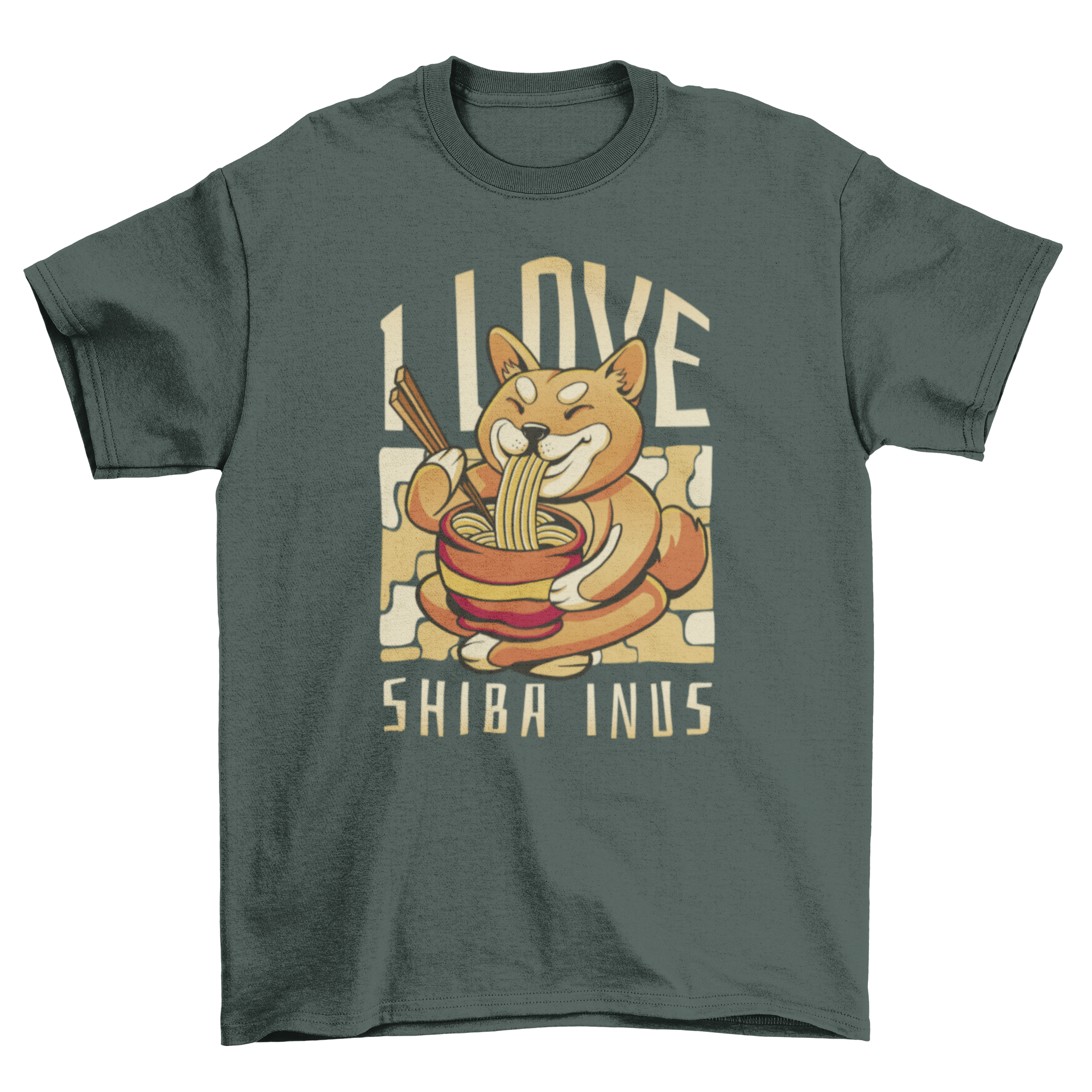 A playful Shiba Inu enjoying a bowl of ramen on a t-shirt, with the quote 'I love Shiba inus'.