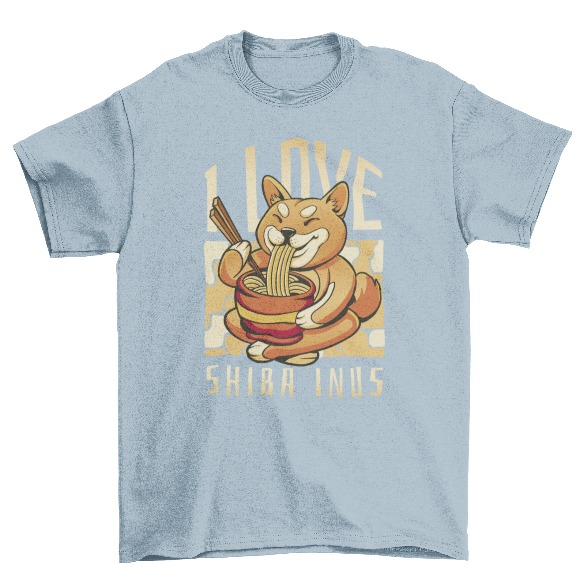 A playful Shiba Inu enjoying a bowl of ramen on a t-shirt, with the quote 'I love Shiba inus'.