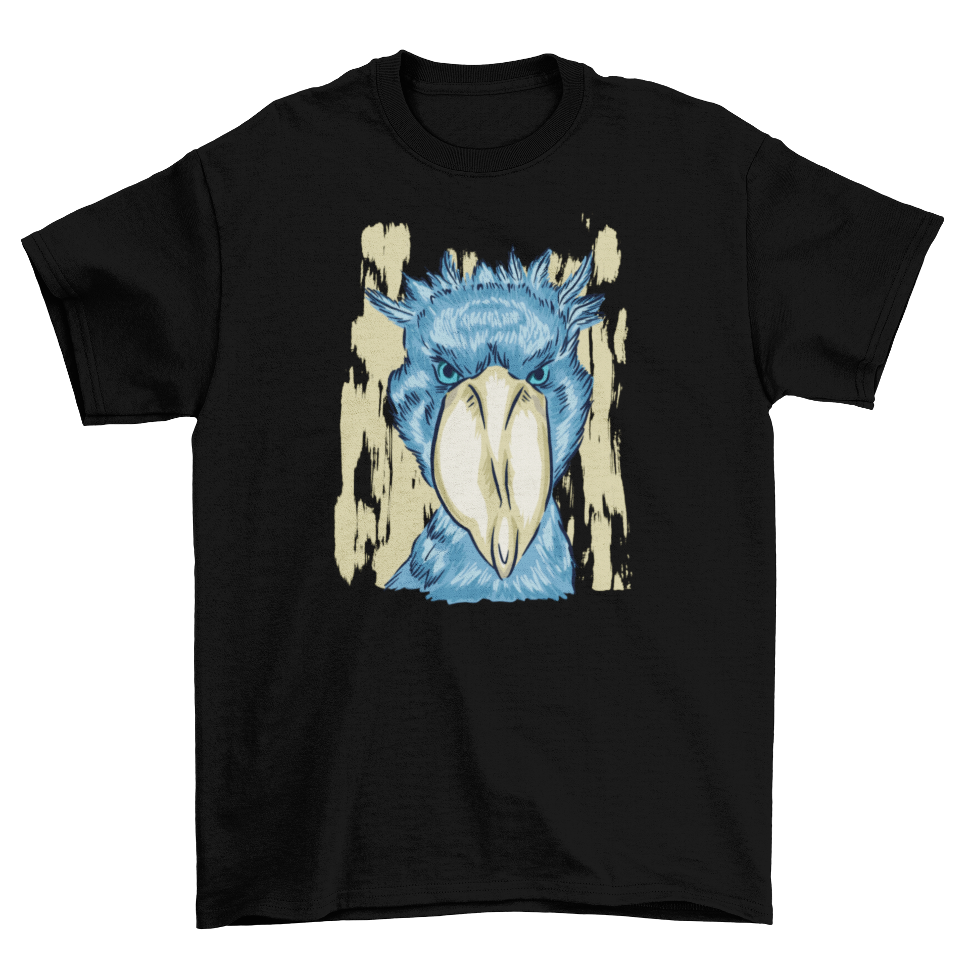 A stylish t-shirt featuring a detailed illustration of a shoebill bird, showcasing its unique bill and striking profile.