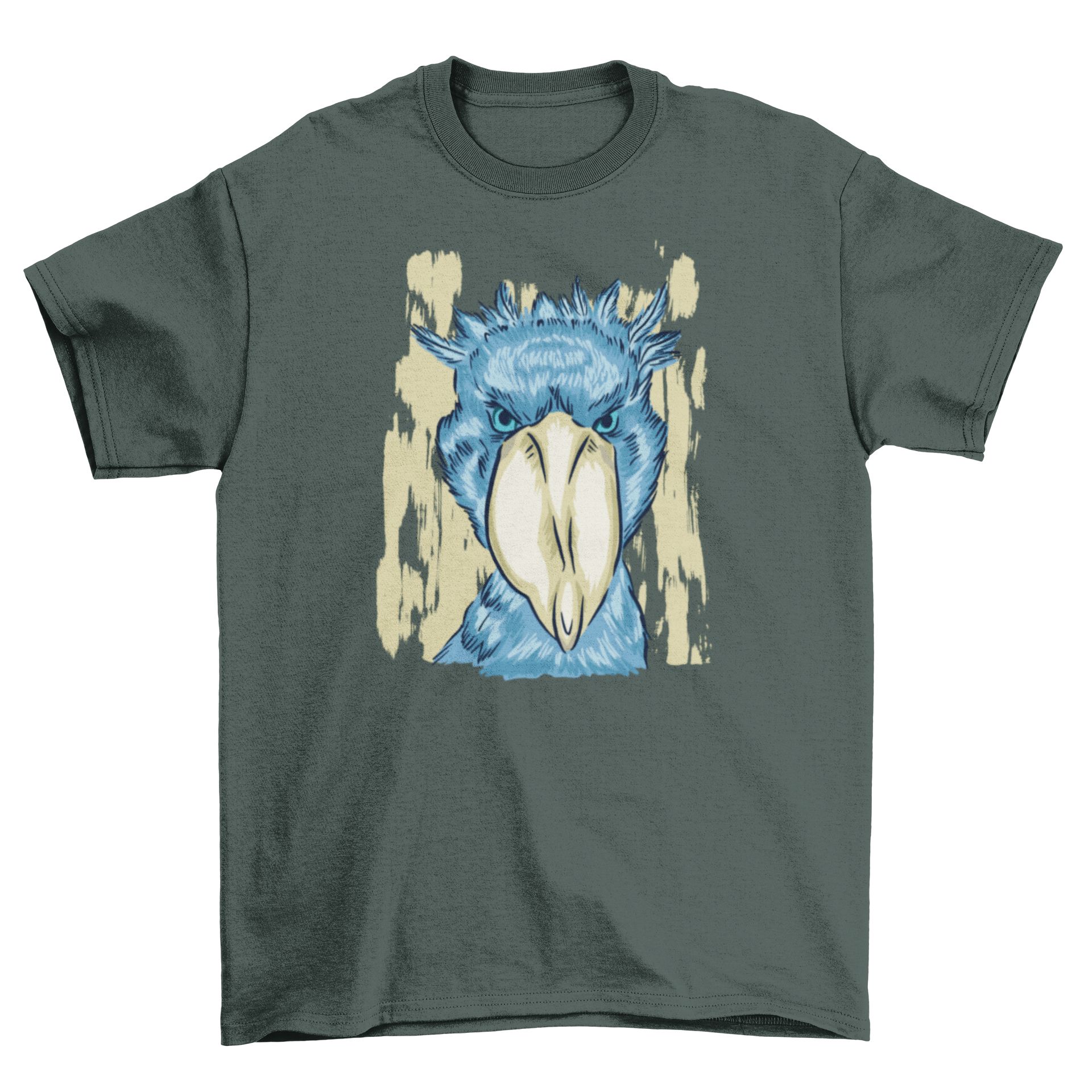 A stylish t-shirt featuring a detailed illustration of a shoebill bird, showcasing its unique bill and striking profile.