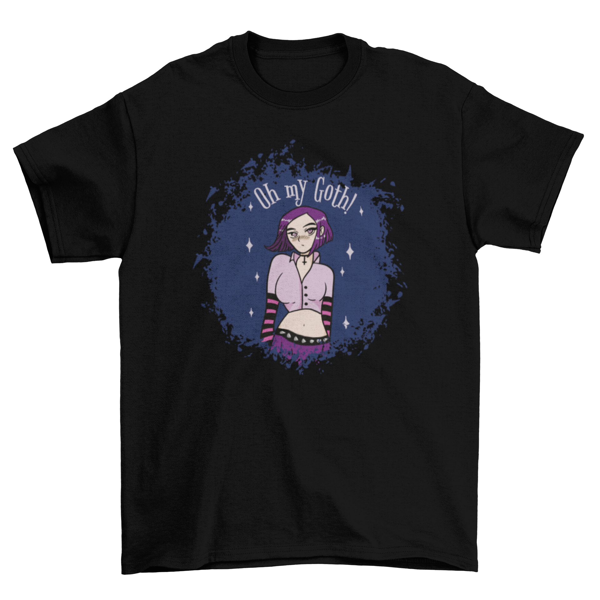 Short hair goth girl t-shirt featuring the quote 'Oh my goth' in a stylish design.