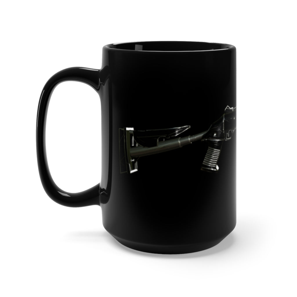 Shotgun Black Mug 15oz featuring a sleek black ceramic design with rounded corners and a comfortable C-handle.