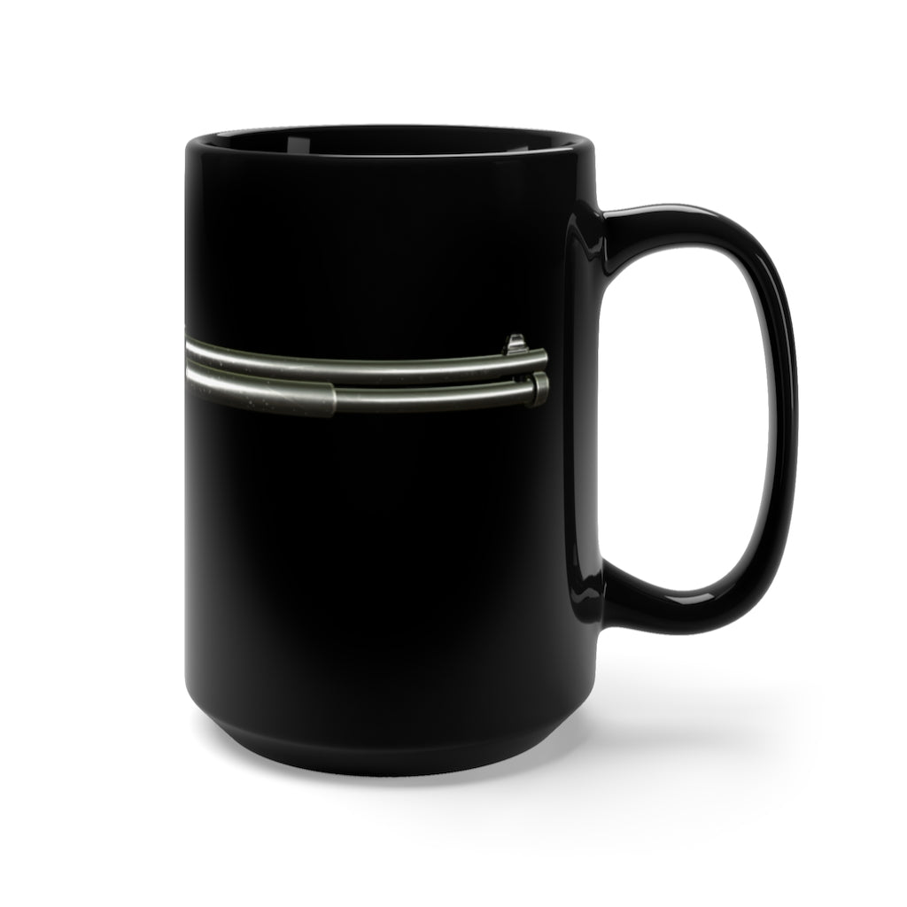 Shotgun Black Mug 15oz featuring a sleek black ceramic design with rounded corners and a comfortable C-handle.