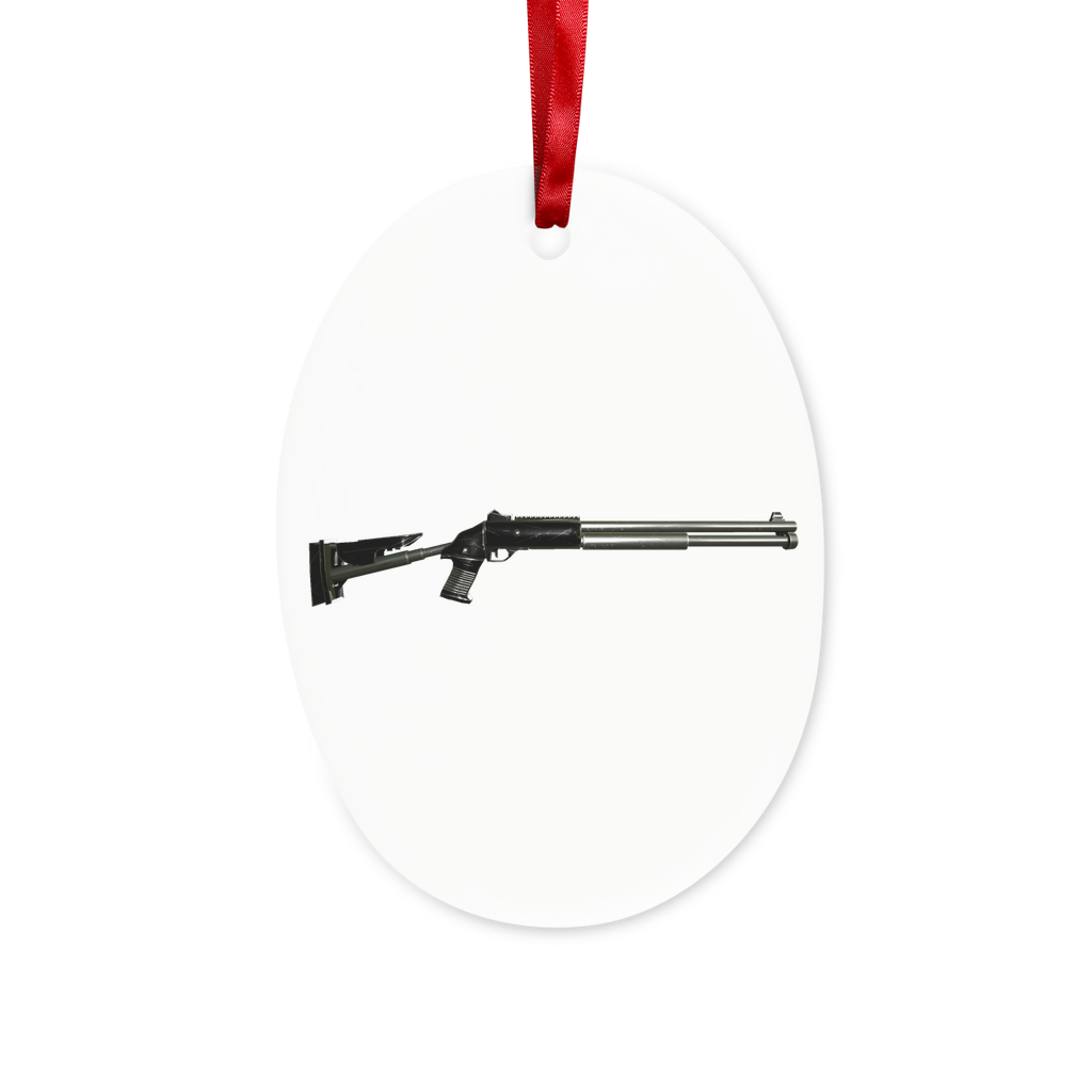 Shotgun Ceramic Hanging Ornament with red ribbon and gold string, perfect for Christmas decoration.