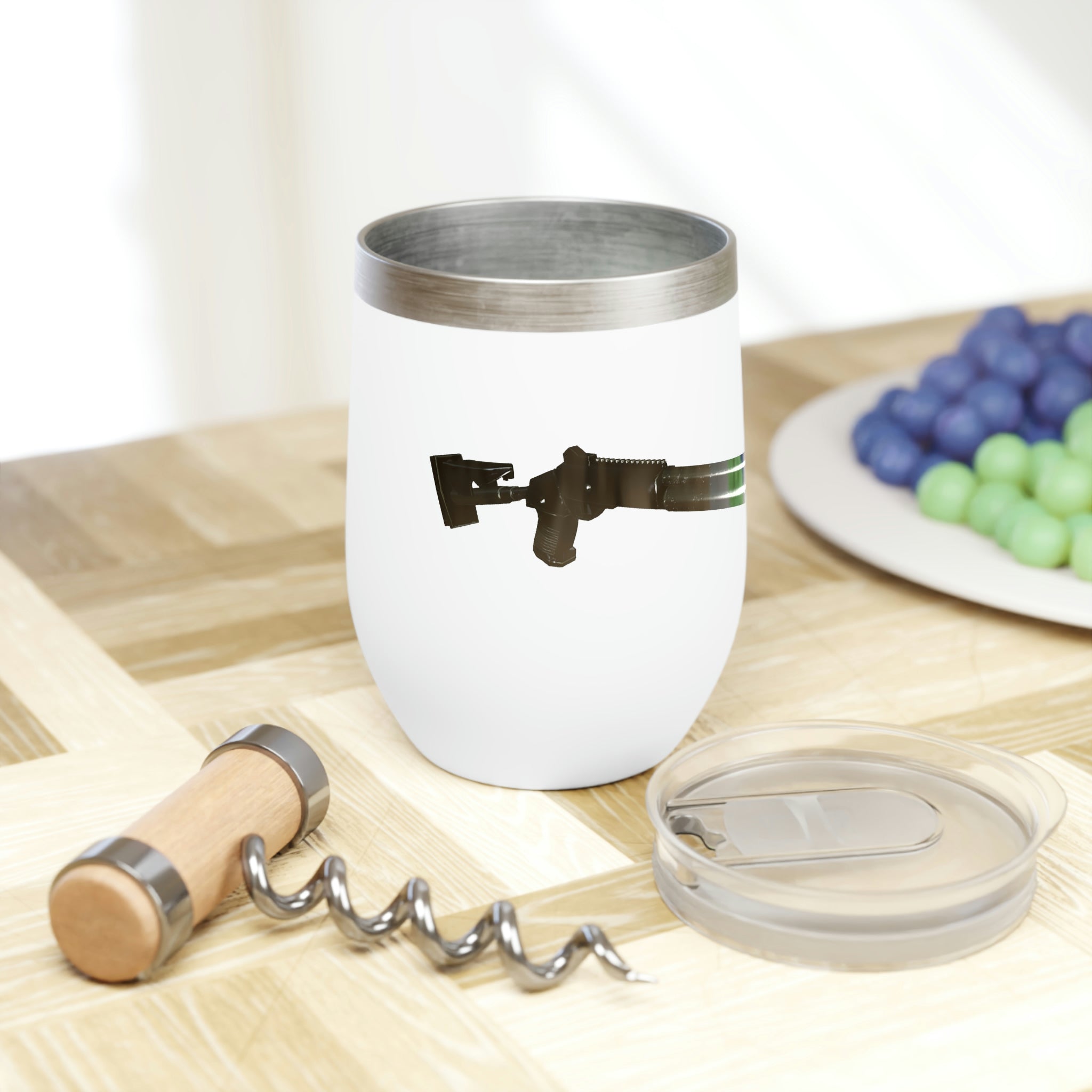 Shotgun Chill Wine Tumbler in stainless steel with a customizable design, showcasing its double-insulated walls and stemless shape.