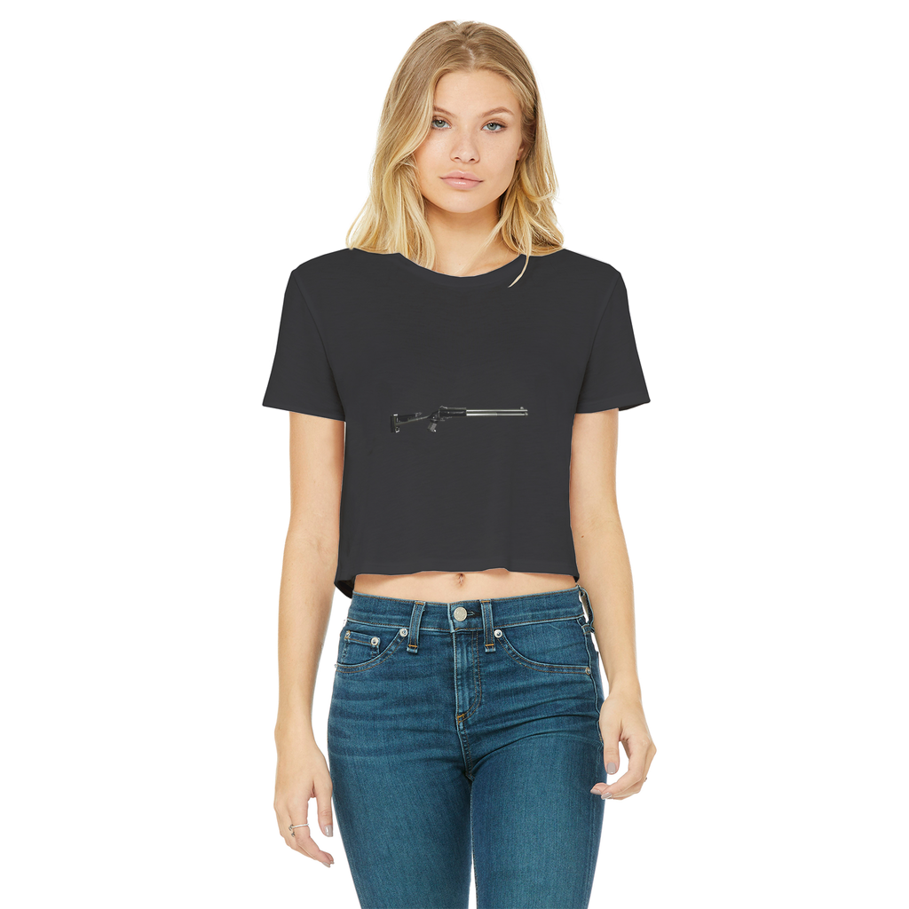 Shotgun Classic Women's Cropped Raw Edge T-Shirt featuring a round neck and raw edge hem in various colors.