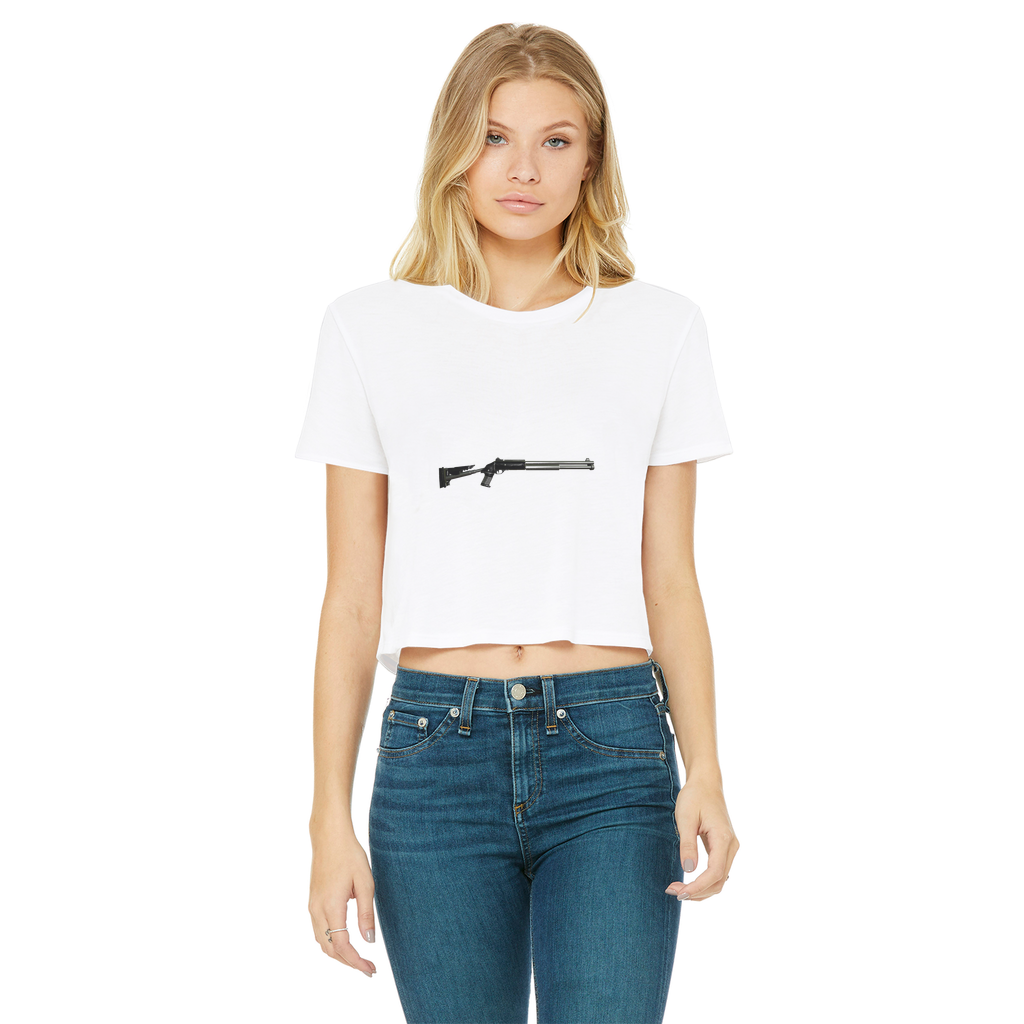 Shotgun Classic Women's Cropped Raw Edge T-Shirt featuring a round neck and raw edge hem in various colors.