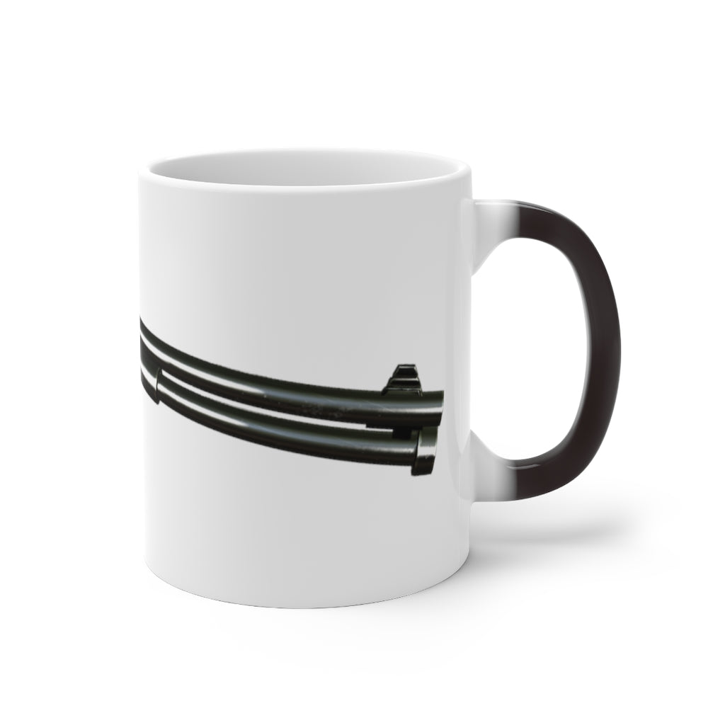 Shotgun Color Changing Mug showcasing its vibrant color transformation when filled with a hot beverage, featuring a C-handle and rounded corners.