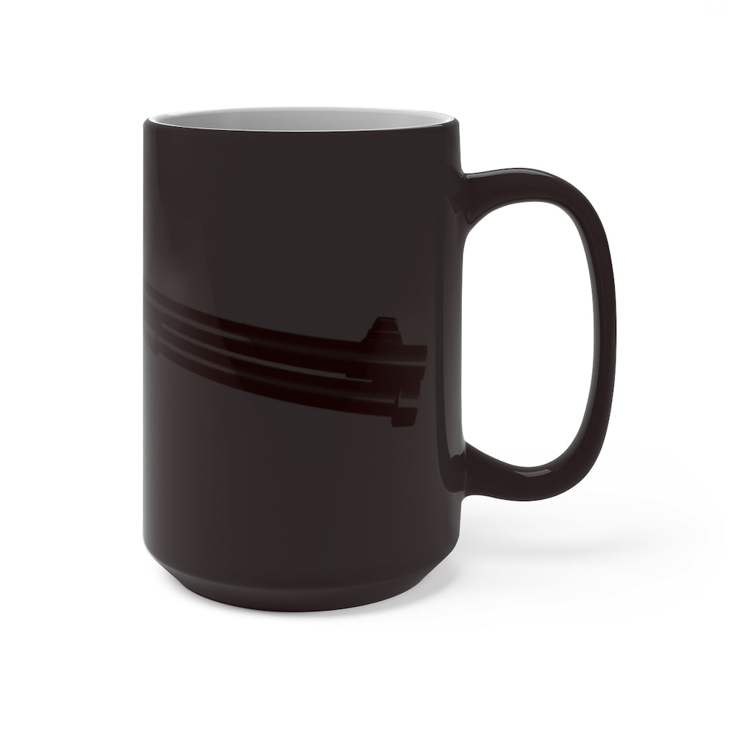 Shotgun Color Changing Mug showcasing its vibrant color transformation when filled with a hot beverage, featuring a C-handle and rounded corners.