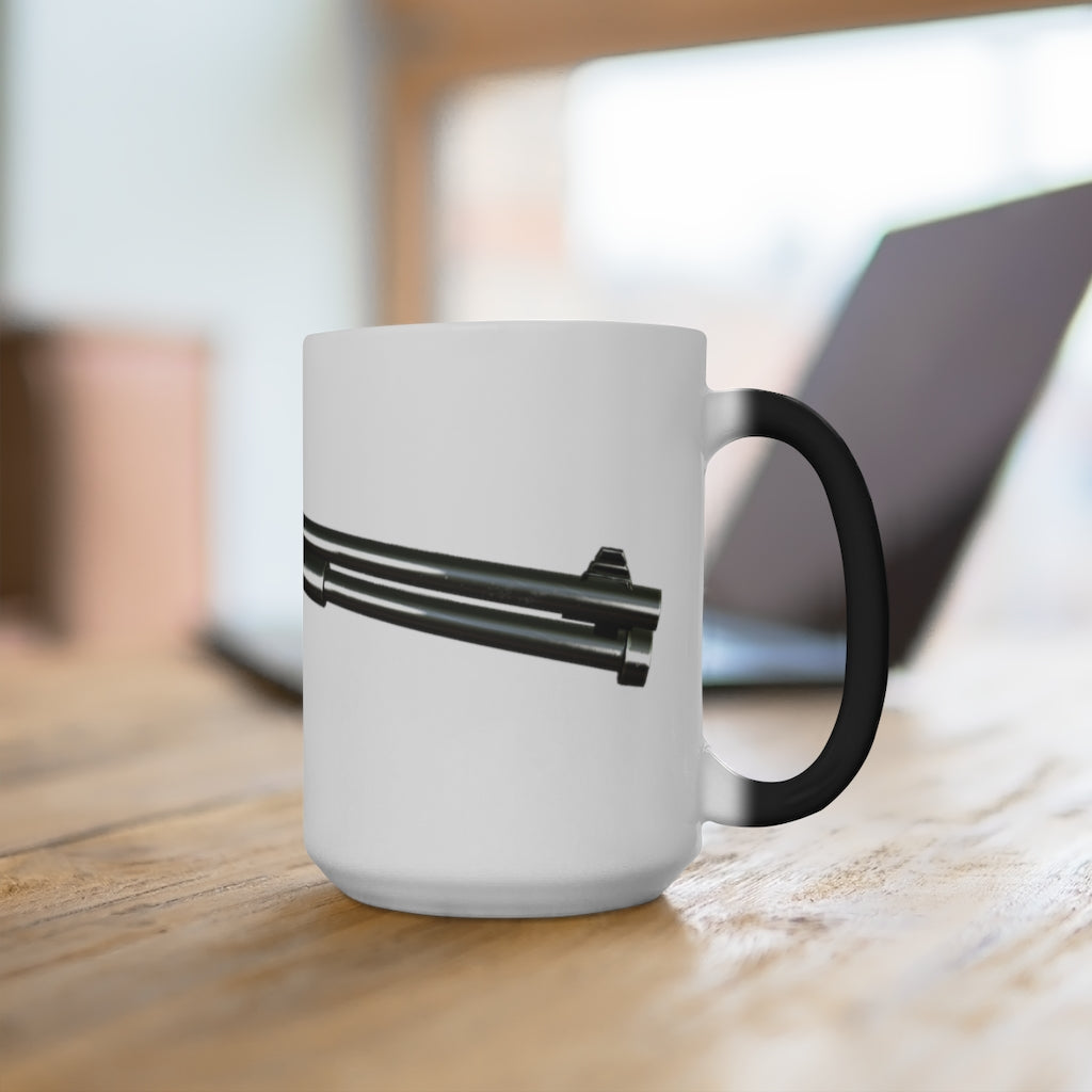 Shotgun Color Changing Mug showcasing its vibrant color transformation when filled with a hot beverage, featuring a C-handle and rounded corners.