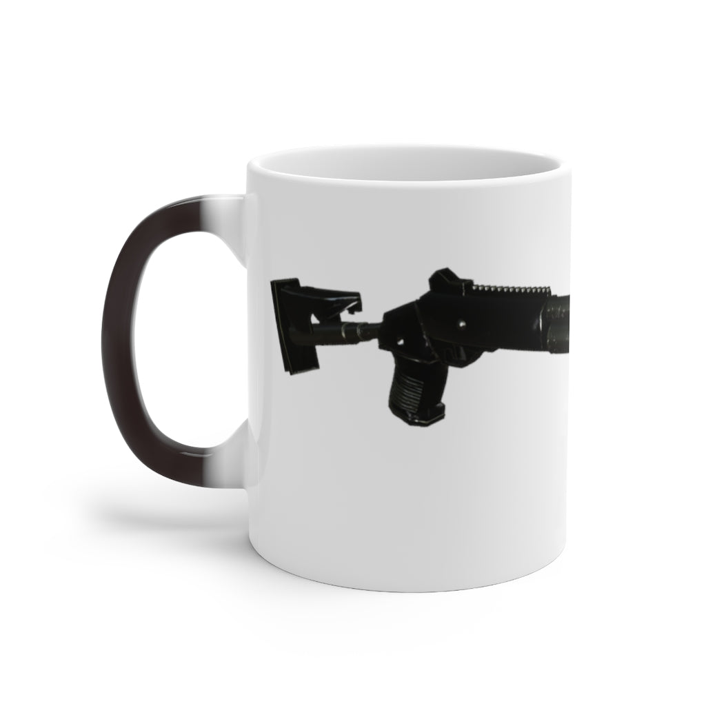 Shotgun Color Changing Mug showcasing its vibrant color transformation when filled with a hot beverage, featuring a C-handle and rounded corners.