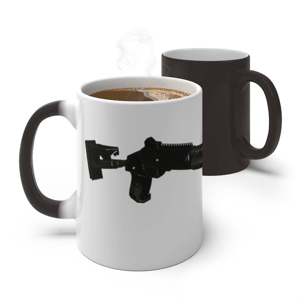 Shotgun Color Changing Mug showcasing its vibrant color transformation when filled with a hot beverage, featuring a C-handle and rounded corners.