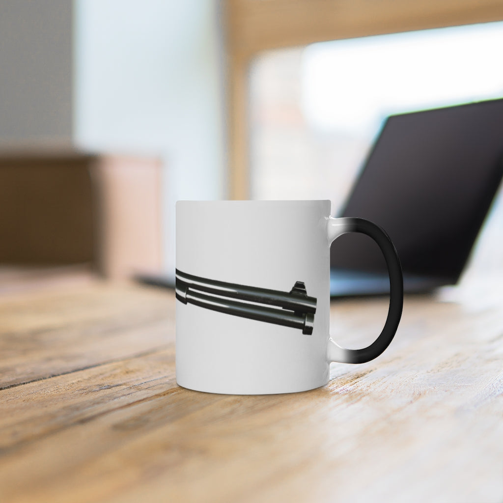 Shotgun Color Changing Mug showcasing its vibrant color transformation when filled with a hot beverage, featuring a C-handle and rounded corners.