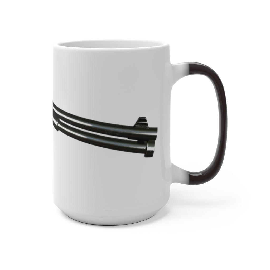 Shotgun Color Changing Mug showcasing its vibrant color transformation when filled with a hot beverage, featuring a C-handle and rounded corners.