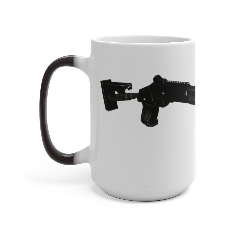 Shotgun Color Changing Mug showcasing its vibrant color transformation when filled with a hot beverage, featuring a C-handle and rounded corners.