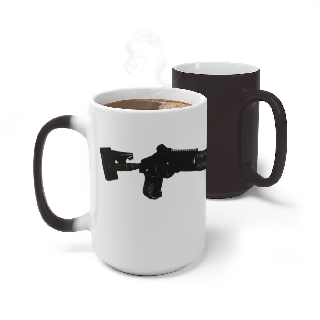 Shotgun Color Changing Mug showcasing its vibrant color transformation when filled with a hot beverage, featuring a C-handle and rounded corners.