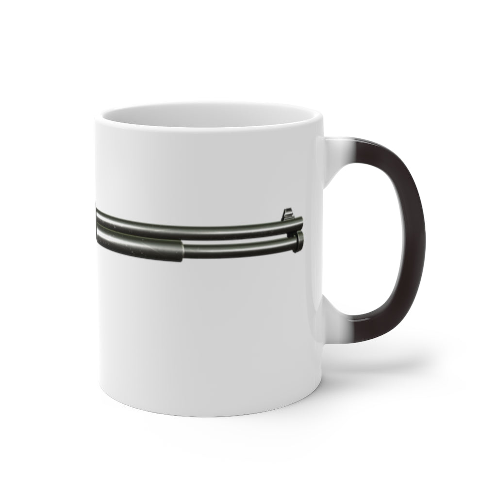 Shotgun Color Changing Mug showcasing its color-changing feature with a white ceramic finish and C-handle design.