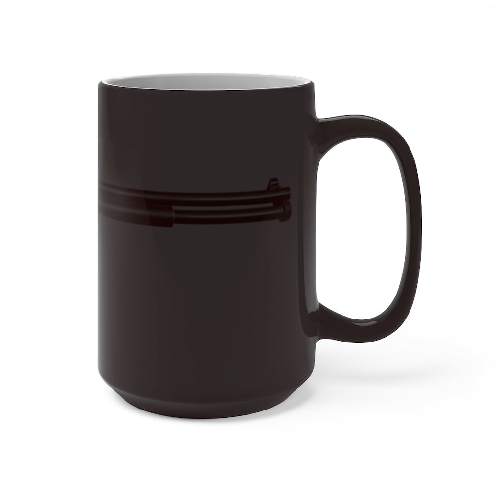 Shotgun Color Changing Mug showcasing its color-changing feature with a white ceramic finish and C-handle design.