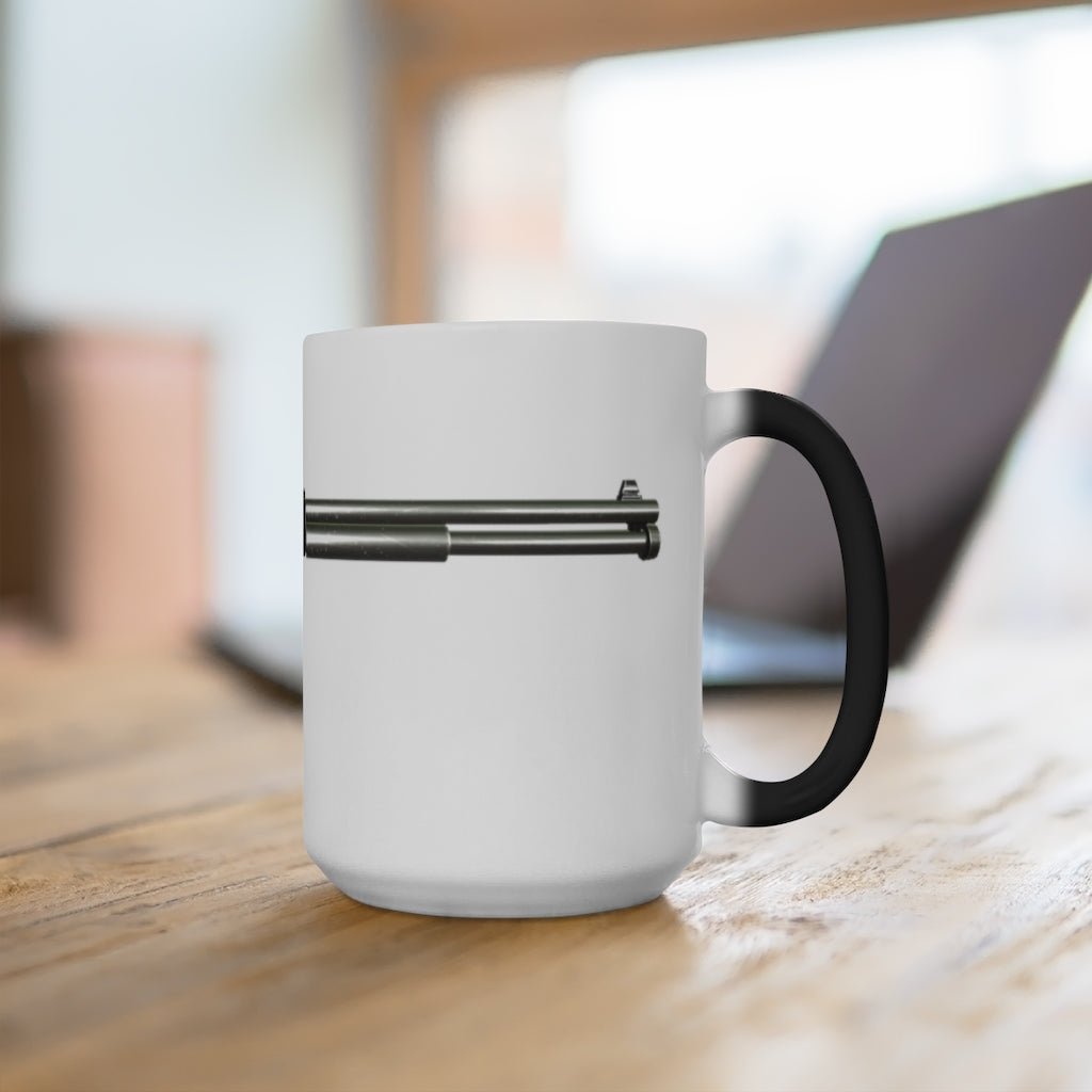 Shotgun Color Changing Mug showcasing its color-changing feature with a white ceramic finish and C-handle design.