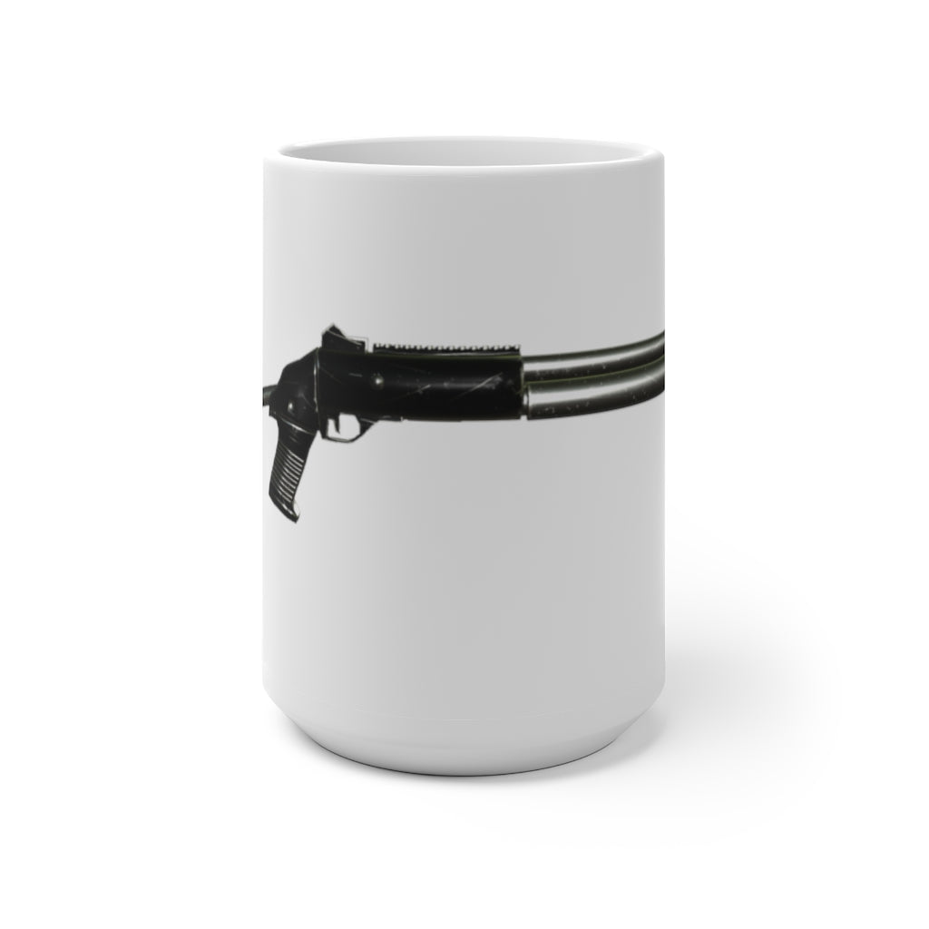 Shotgun Color Changing Mug showcasing its color-changing feature with a white ceramic finish and C-handle design.