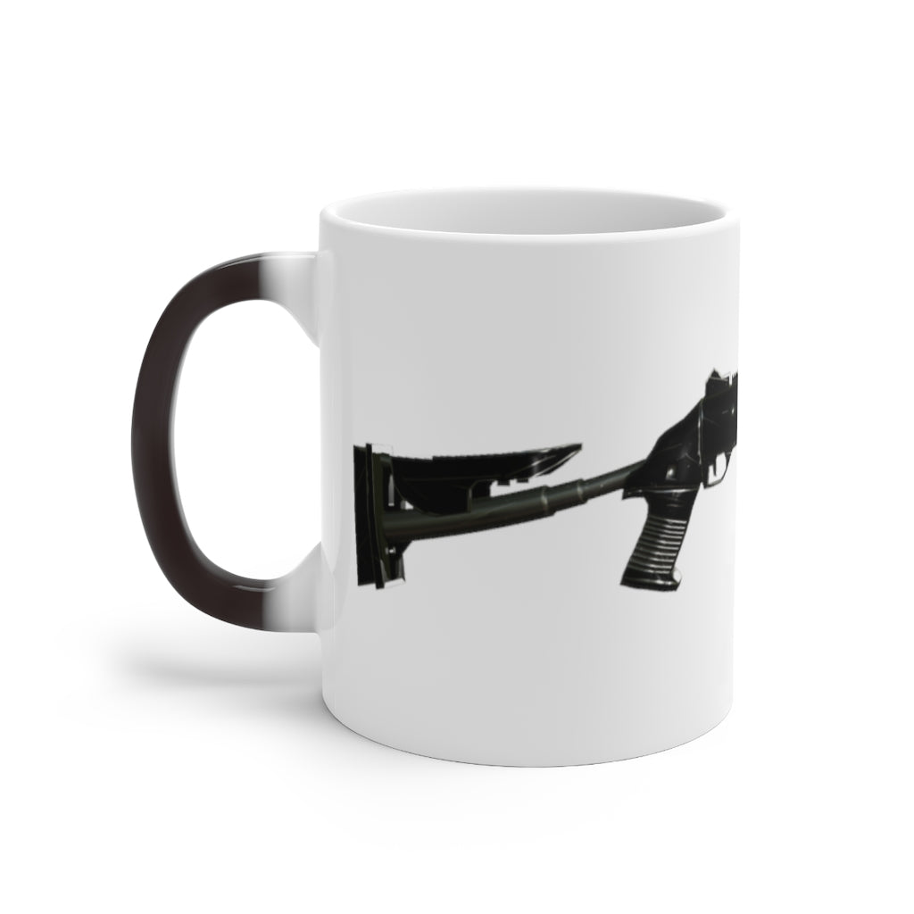 Shotgun Color Changing Mug showcasing its color-changing feature with a white ceramic finish and C-handle design.