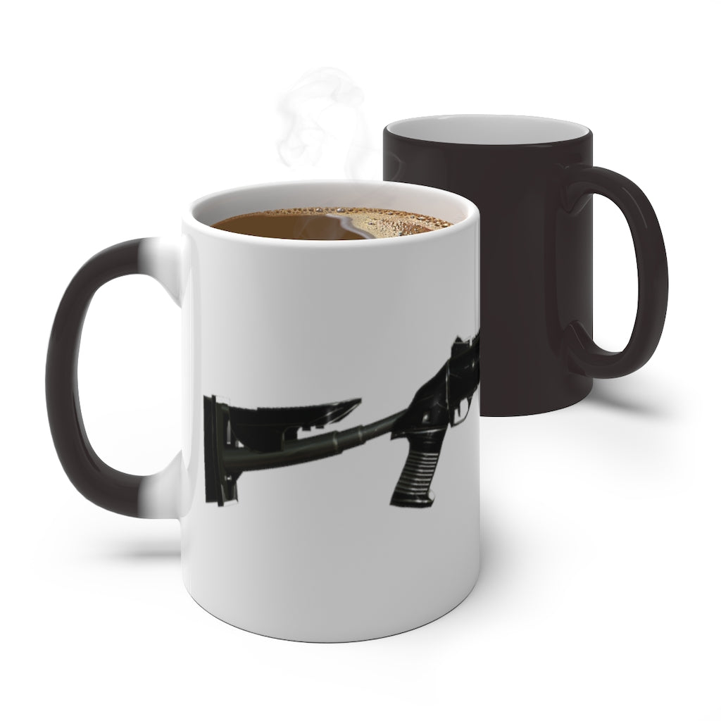 Shotgun Color Changing Mug showcasing its color-changing feature with a white ceramic finish and C-handle design.