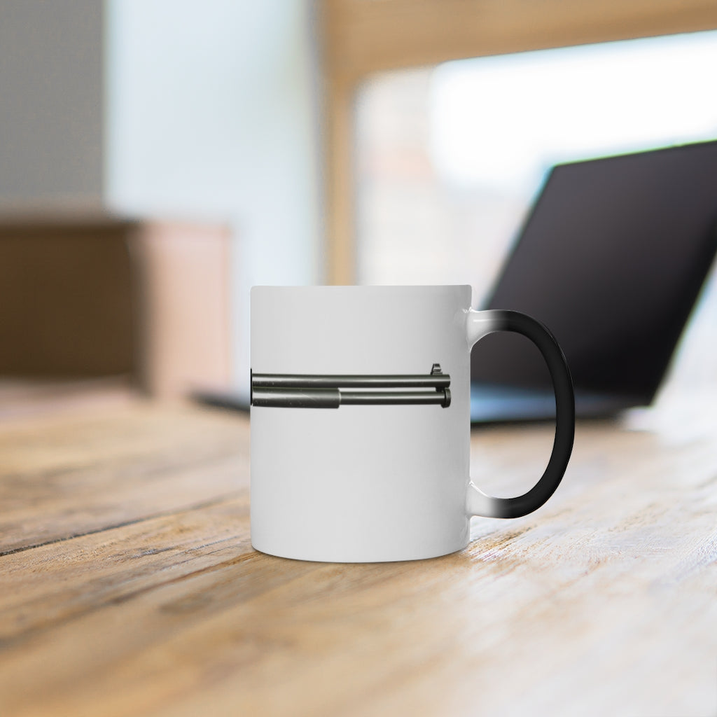 Shotgun Color Changing Mug showcasing its color-changing feature with a white ceramic finish and C-handle design.