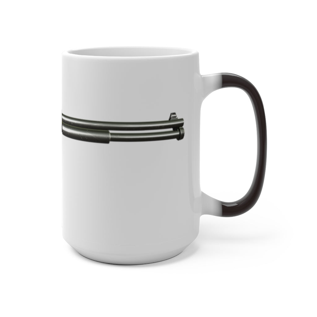 Shotgun Color Changing Mug showcasing its color-changing feature with a white ceramic finish and C-handle design.