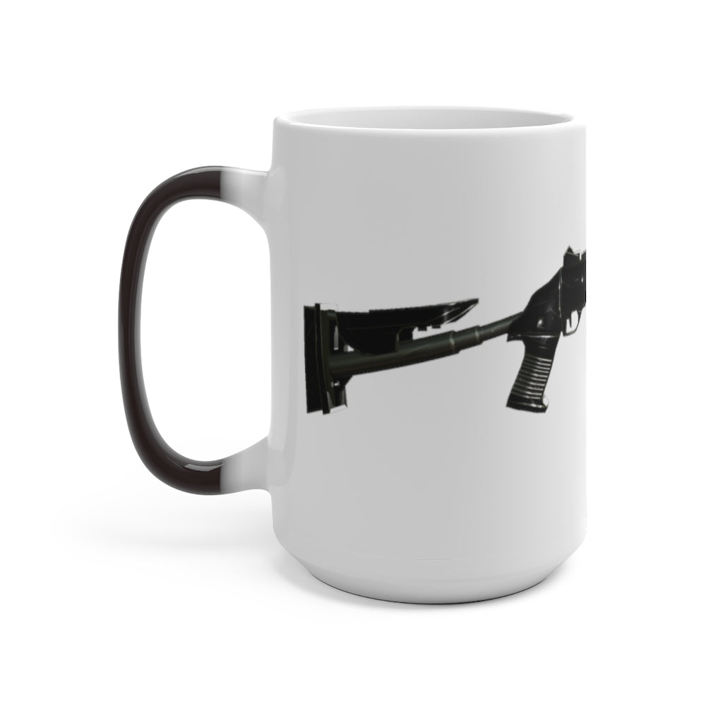 Shotgun Color Changing Mug showcasing its color-changing feature with a white ceramic finish and C-handle design.