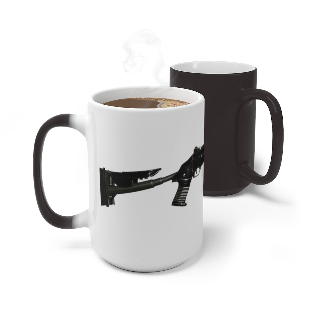 Shotgun Color Changing Mug showcasing its color-changing feature with a white ceramic finish and C-handle design.