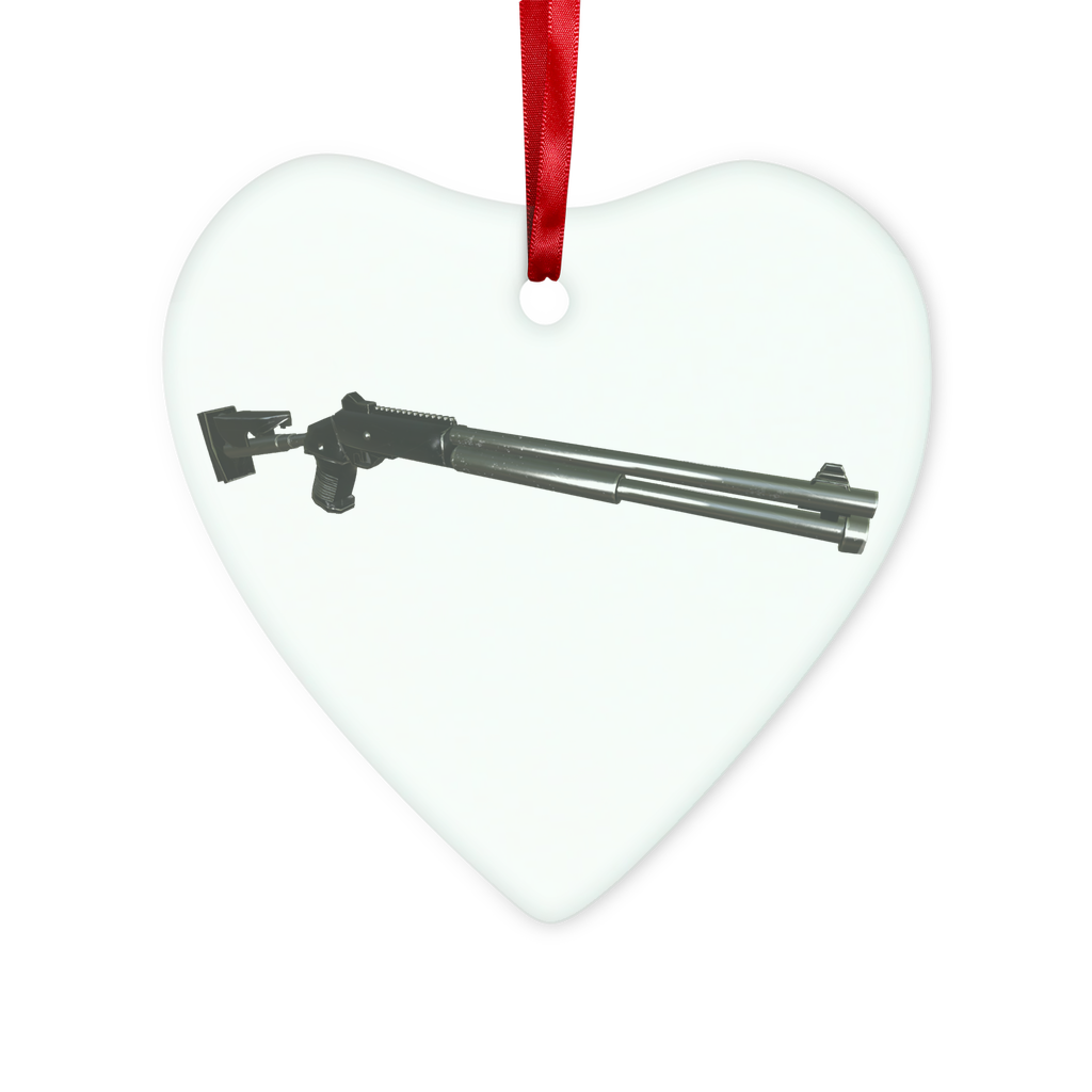 Shotgun Glass Hanging Ornament in round and heart shapes, beautifully packaged with red ribbon and gold string.