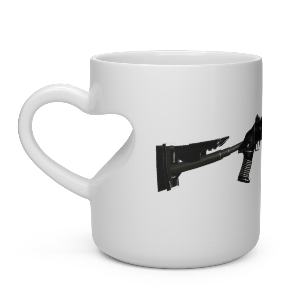 A white ceramic mug shaped like a heart with a heart-shaped handle, perfect for hot beverages.