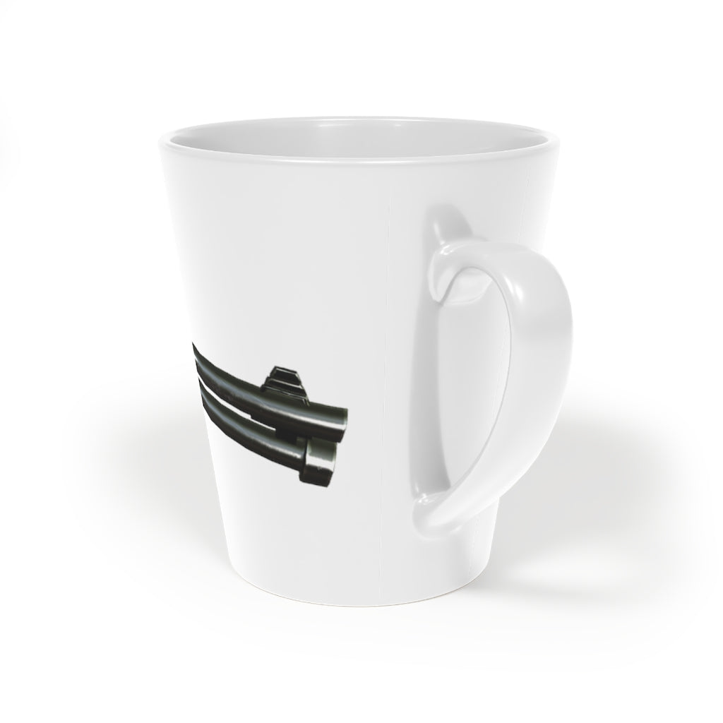 Shotgun Latte Mug, 12oz, featuring a durable white ceramic body and easy-grip handle, perfect for personalized beverages.