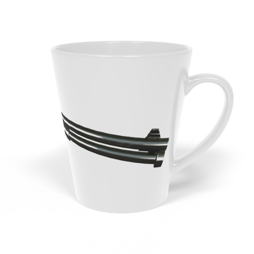 Shotgun Latte Mug, 12oz, featuring a durable white ceramic body and easy-grip handle, perfect for personalized beverages.