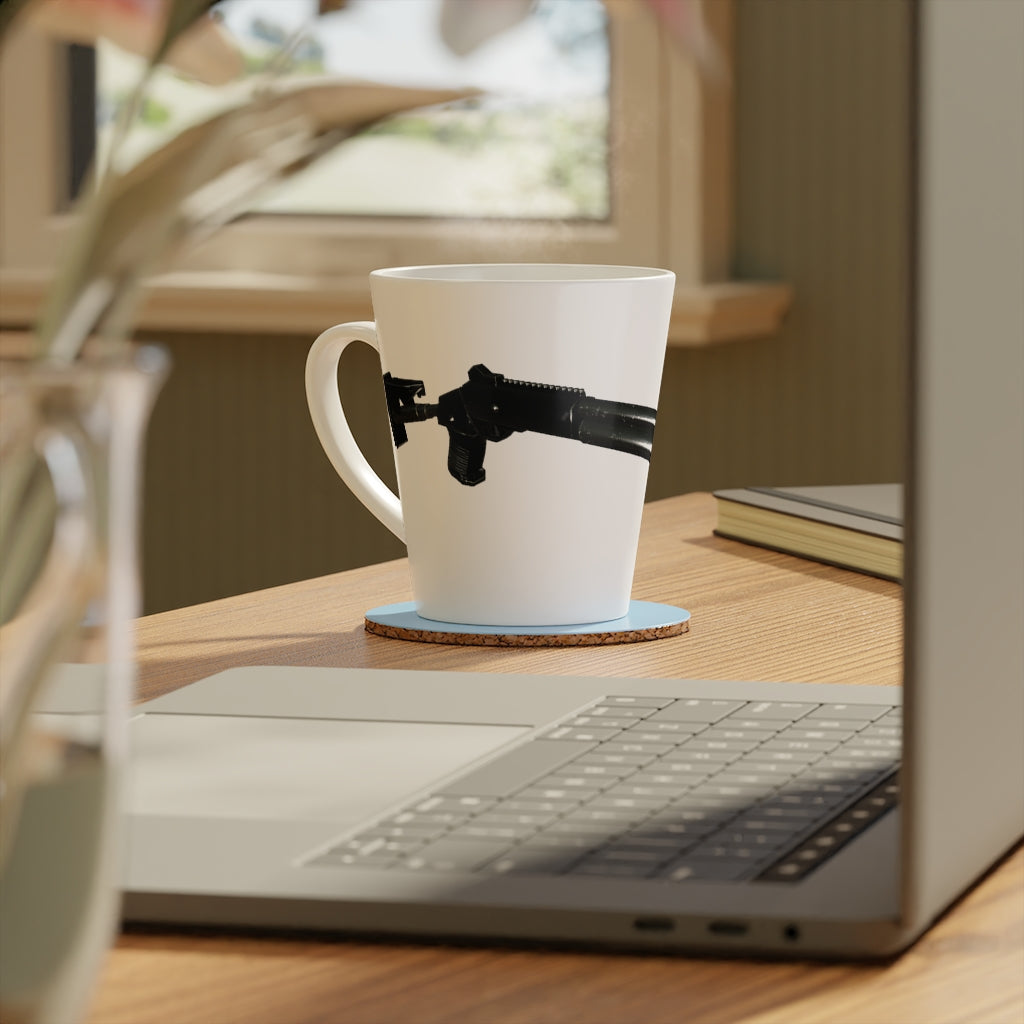 Shotgun Latte Mug, 12oz, featuring a durable white ceramic body and easy-grip handle, perfect for personalized beverages.