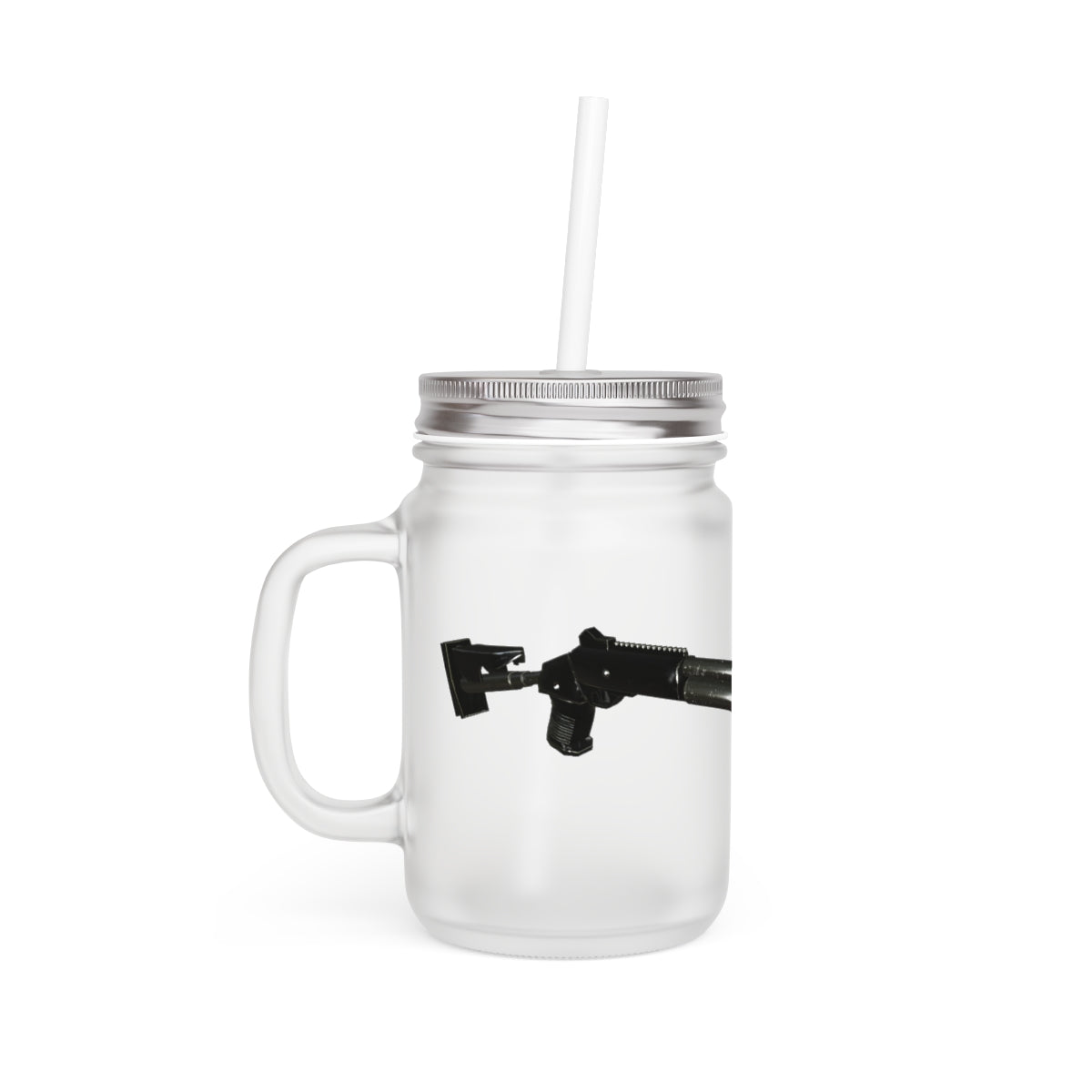 A personalized Shotgun Mason Jar made of frosted glass, featuring a straw and lid, perfect for cocktails and soft drinks.