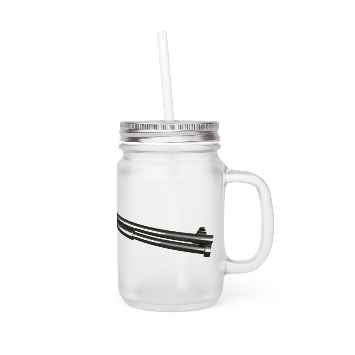 A personalized Shotgun Mason Jar made of frosted glass, featuring a straw and lid, perfect for cocktails and soft drinks.