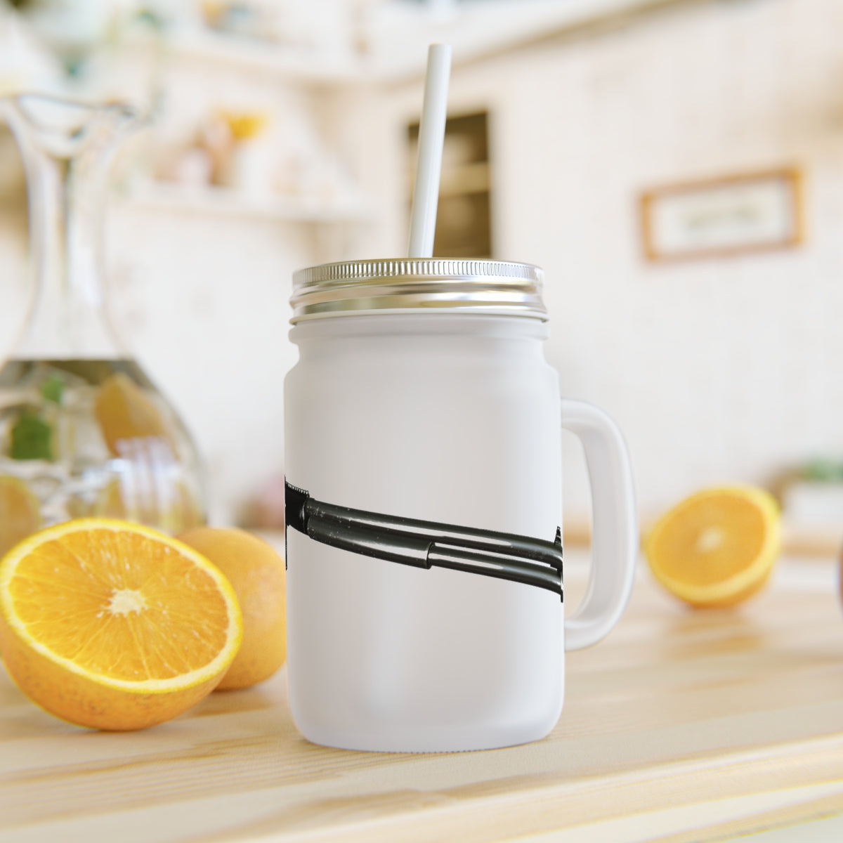 A personalized Shotgun Mason Jar made of frosted glass, featuring a straw and lid, perfect for cocktails and soft drinks.