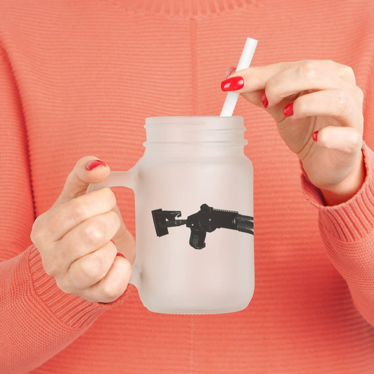 A personalized Shotgun Mason Jar made of frosted glass, featuring a straw and lid, perfect for cocktails and soft drinks.