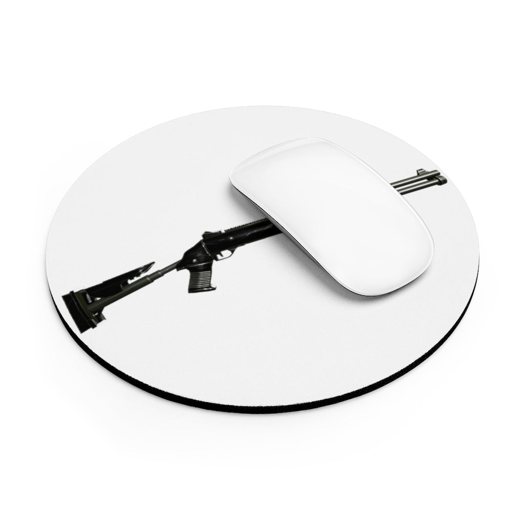 Shotgun Mouse Pad in round and rectangular shapes with vibrant designs and non-slip rubber bottom.