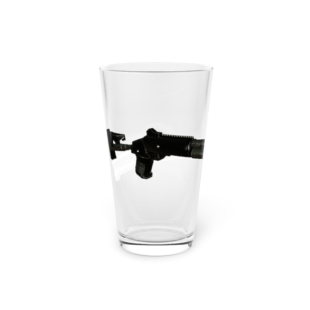 A clear 16oz Shotgun Pint Glass showcasing its sleek design and personalized printing options.