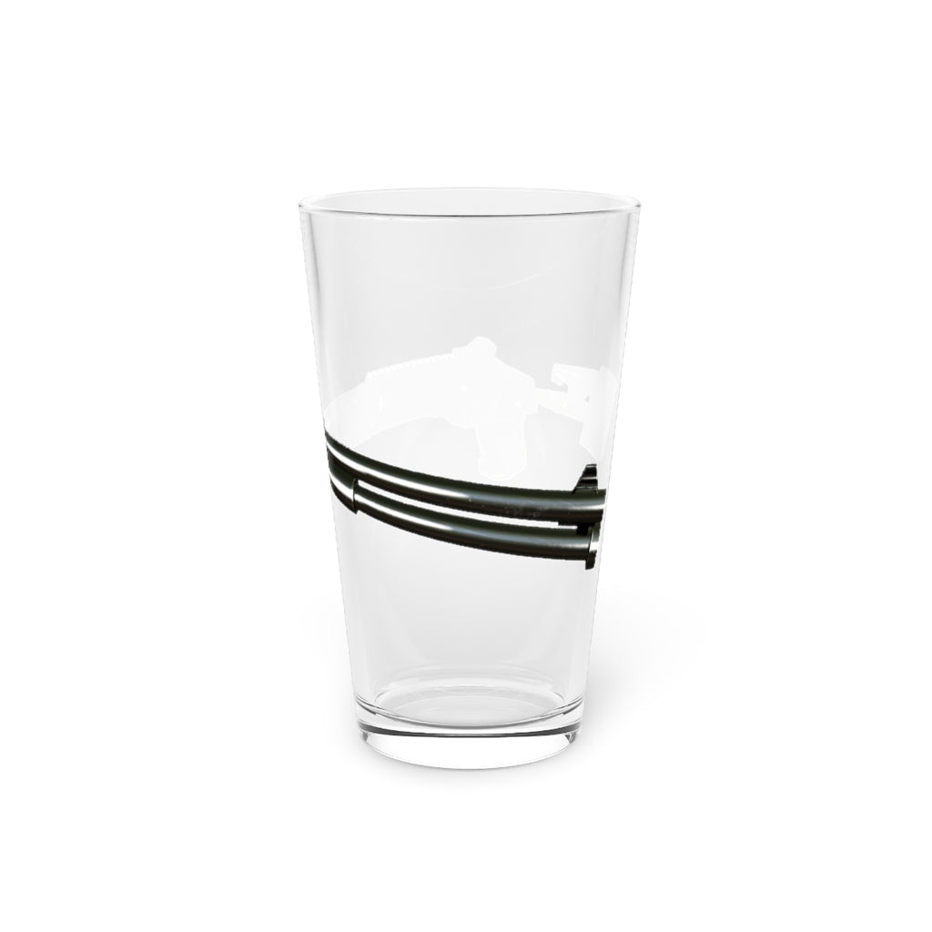 A clear 16oz Shotgun Pint Glass showcasing its sleek design and personalized printing options.