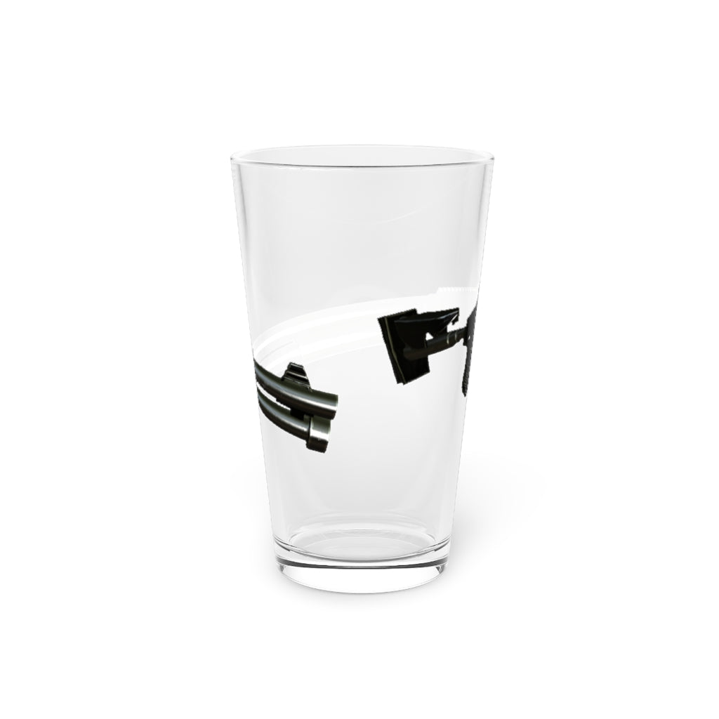 A clear 16oz Shotgun Pint Glass showcasing its sleek design and personalized printing options.