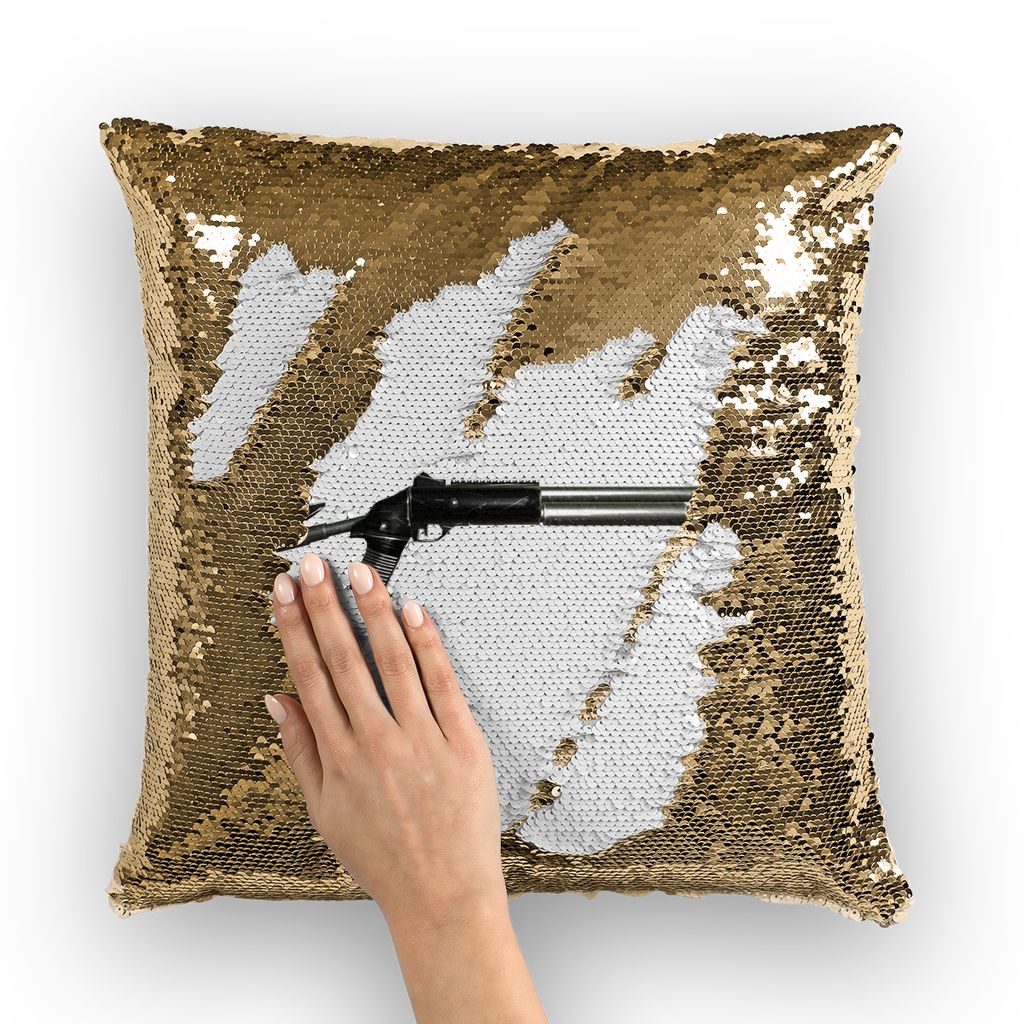 Shotgun Sequin Cushion Cover featuring a colorful mermaid sequin design, measuring 16x16 inches, with a plain back.