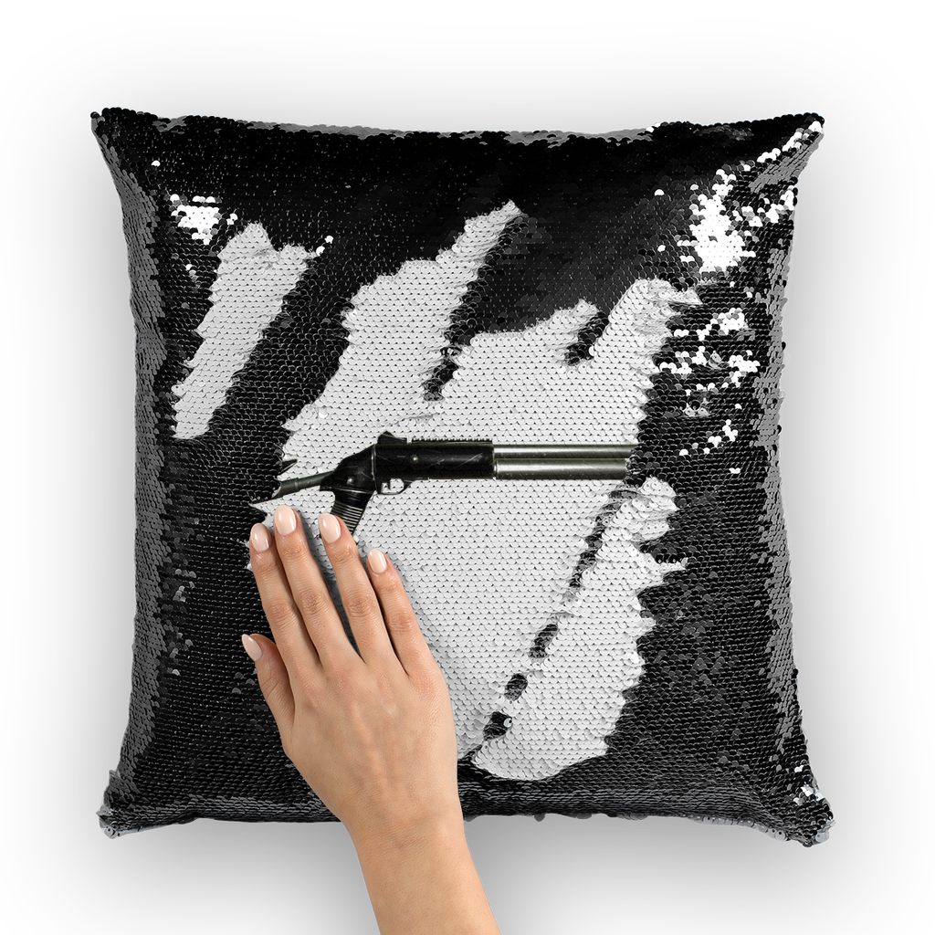 Shotgun Sequin Cushion Cover featuring a colorful mermaid sequin design, measuring 16x16 inches, with a plain back.